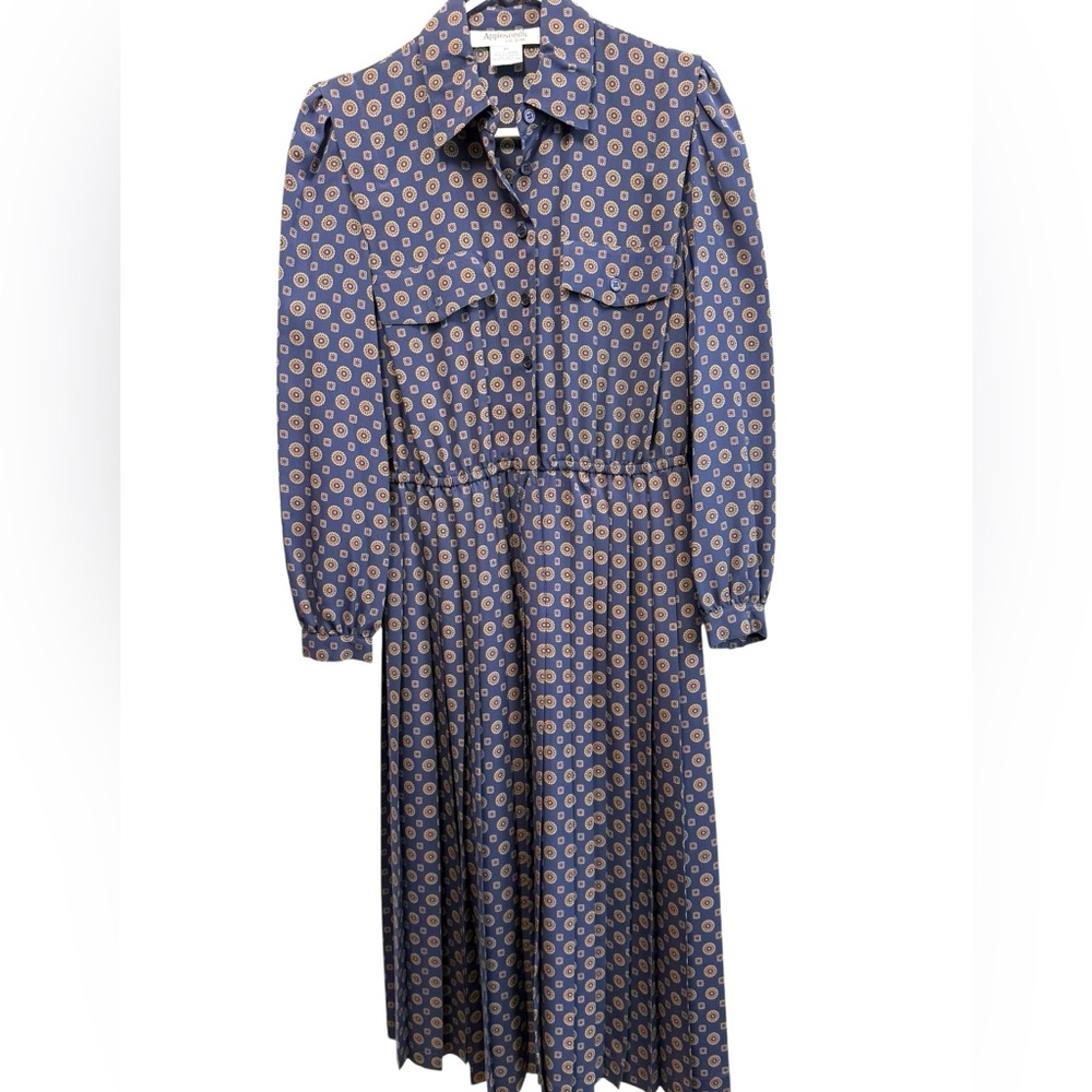 Appleseed's Navy and gold Long Sleeve Dress pleated skirt button front classy 8P - Picture 2 of 7